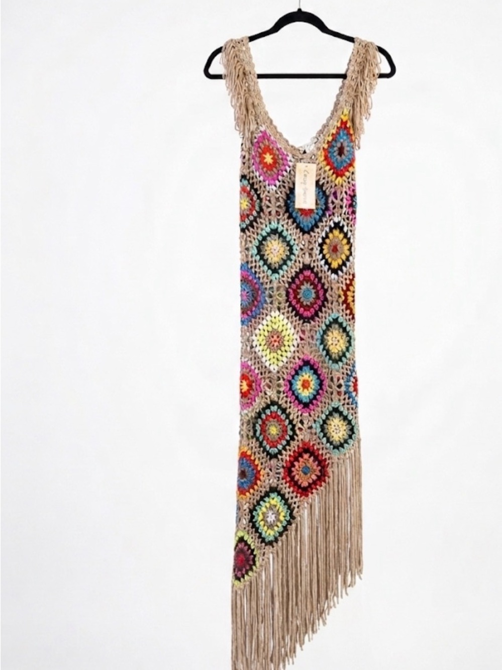 Love Sense Crochet Granny Square Maxi Dress Fringe Asymmetric Boho Festival M